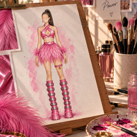 Ontwerp van een roze festival outfit in het TOUTESTBELLE atelier