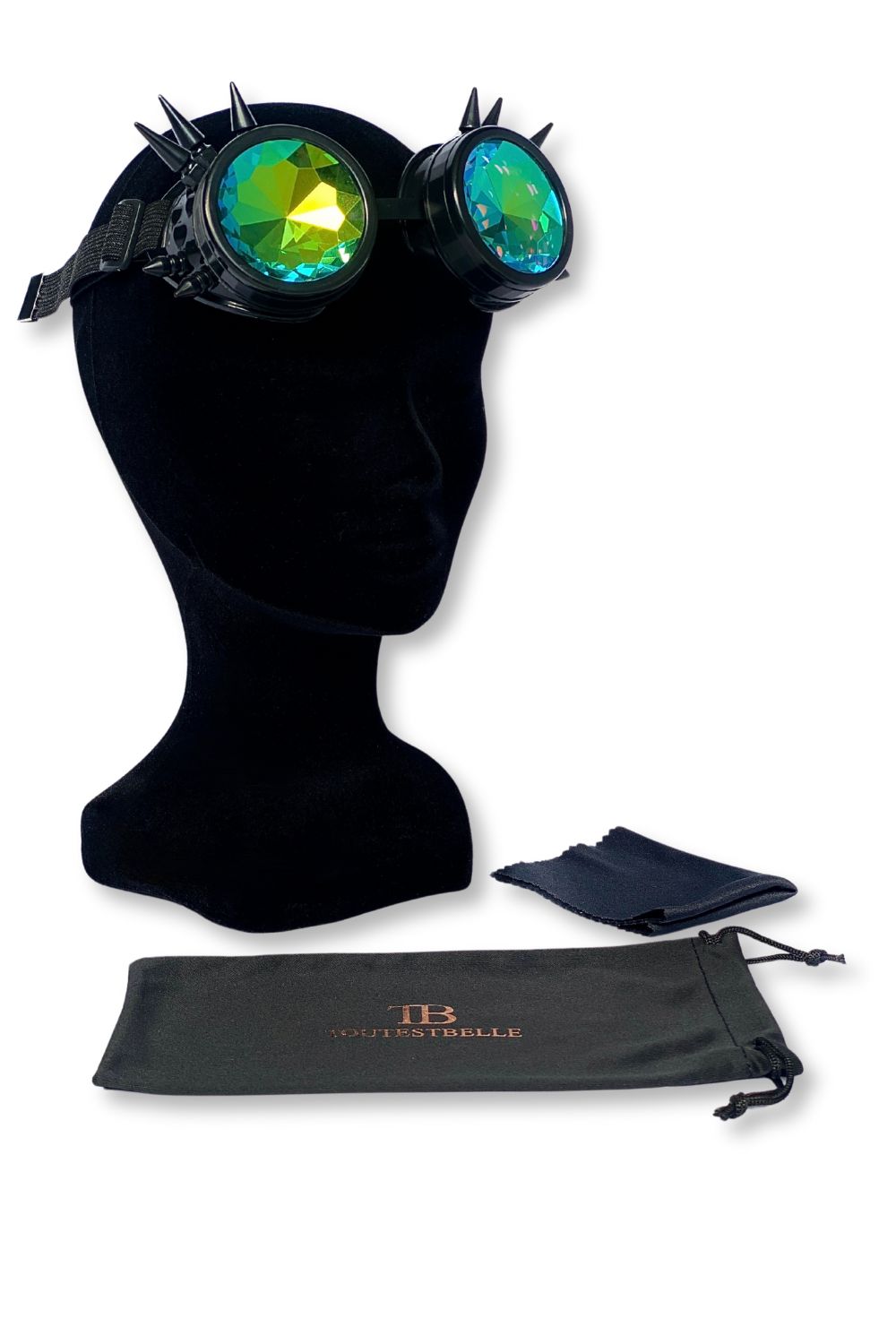 Steampunk festival bril met zwart spikes montuur, inclusief gepersonaliseerd brillen hoesje en schoonmaak doekje, veilige opbergset voor festival bril.