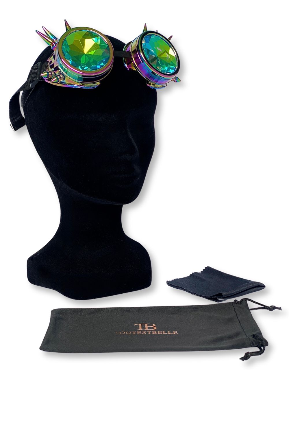 Steampunk festival bril met rainbow spikes montuur, inclusief gepersonaliseerd brillen hoesje en schoonmaak doekje, veilige opbergset voor festival bril